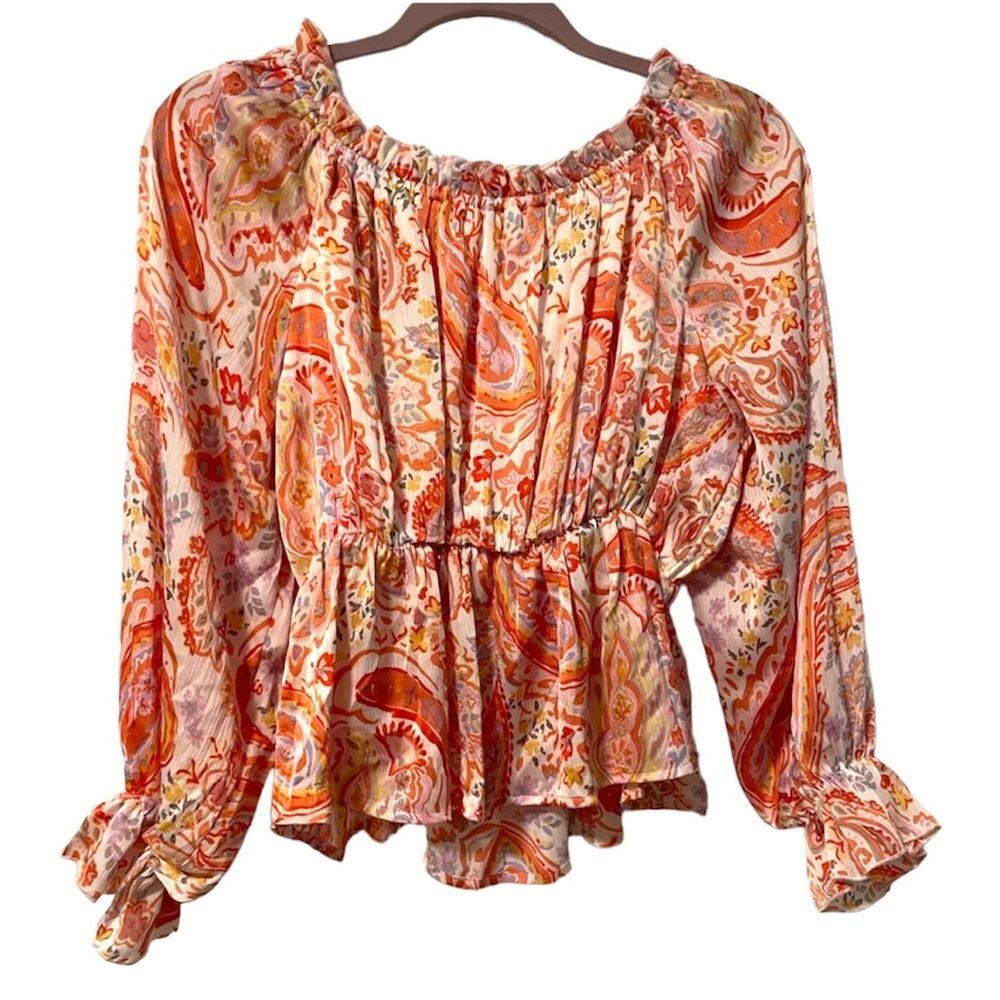 Pink‎ Lily Off The Path Long Sleeve Orange Paisley Belted Blouse Size Medium - Picture 2 of 8